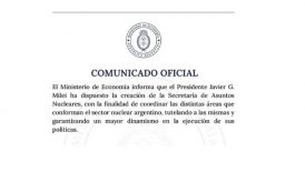 COMUNICADO OFICIAL: Se crea en Argentina la Scretaría de Asuntos Nucleares