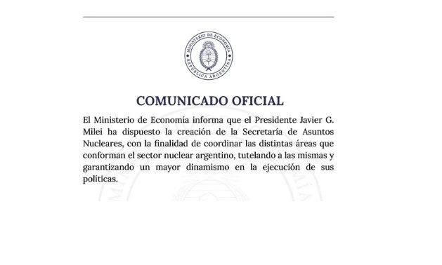 COMUNICADO OFICIAL: Se crea en Argentina la Scretaría de Asuntos Nucleares